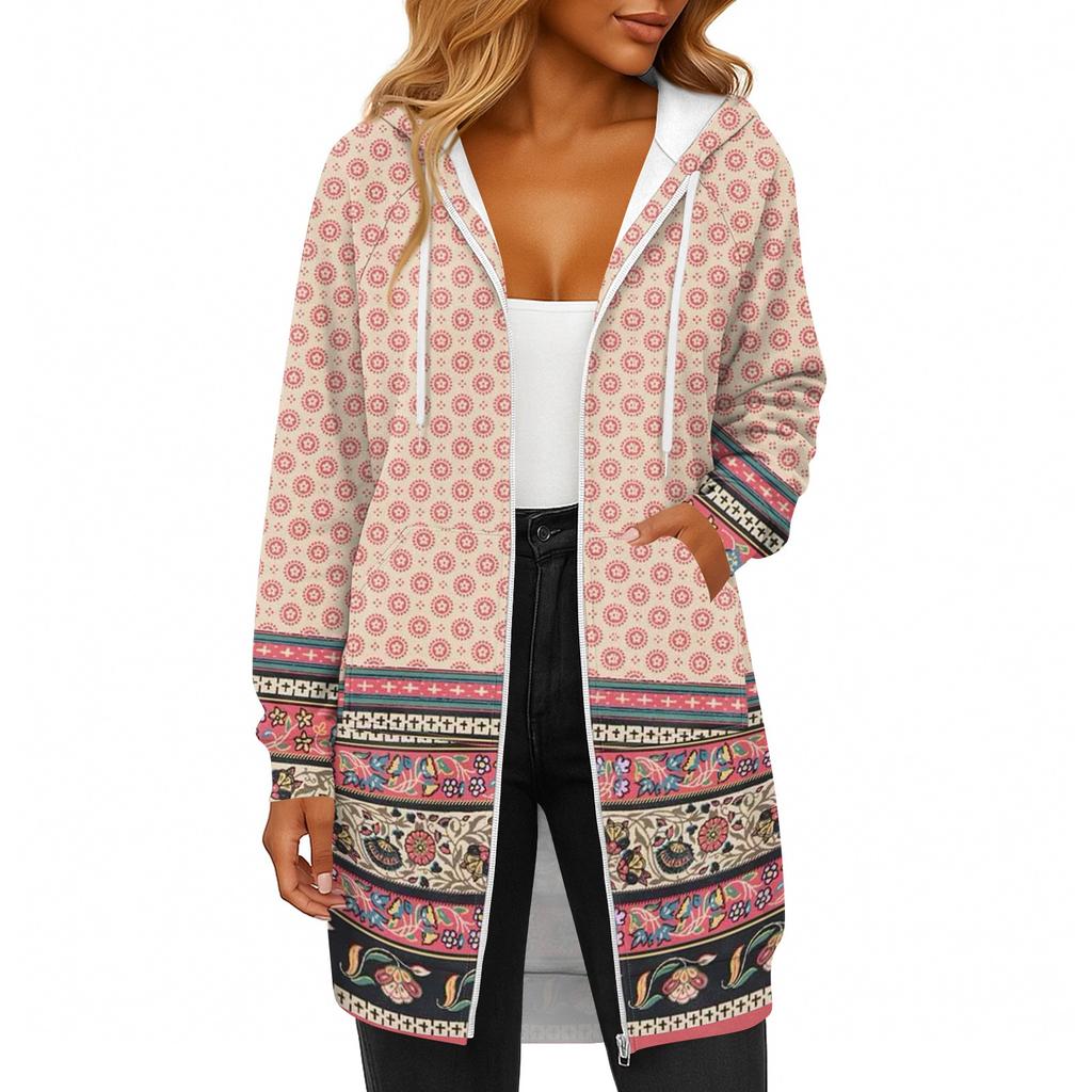 Women's Fashionable Printed  Long Sleeved Drawstring Hooded Zipper Pocket Long Casual Sweatshirt Jacket