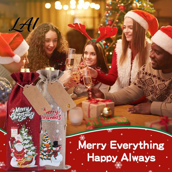 Imitation Linen Wine Pouches Christmas Bottle Bag Vintage Drawstring Sleeve Reusable Faux Holiday Party Packaging Cover Clothes for New Year Wedding