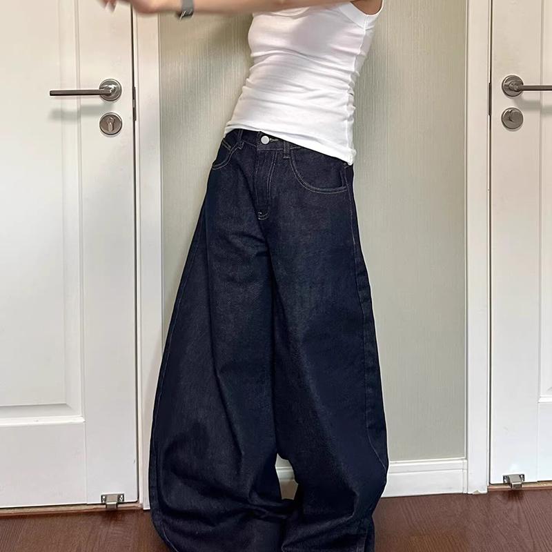 Women Black High Street Vibe Wide Leg Jeans Autumn Winter Men Women Washed Loose Straight Pants