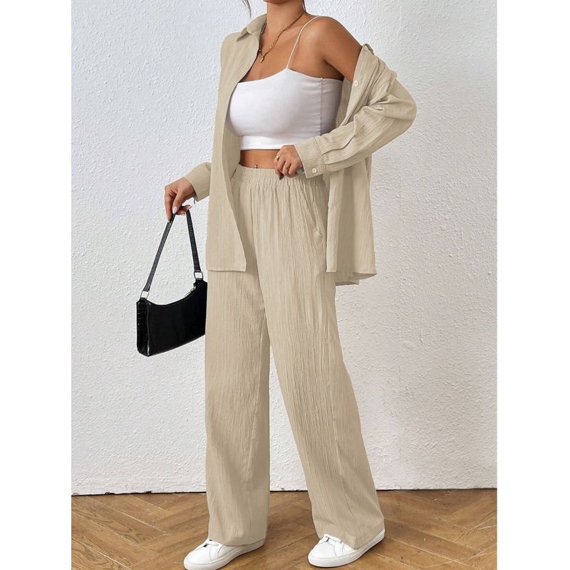 Fall New Arrival European and American Commuters' Ol Lapel Single Breasted Long Sleeves Shirt Elastic Waist Pants Casual Two-Piece Suit Women