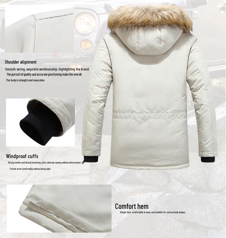 Men's Mid-Length Cotton Jacket with Fur Collar - Warm, Hooded, Windproof, Fashionable Outerwear