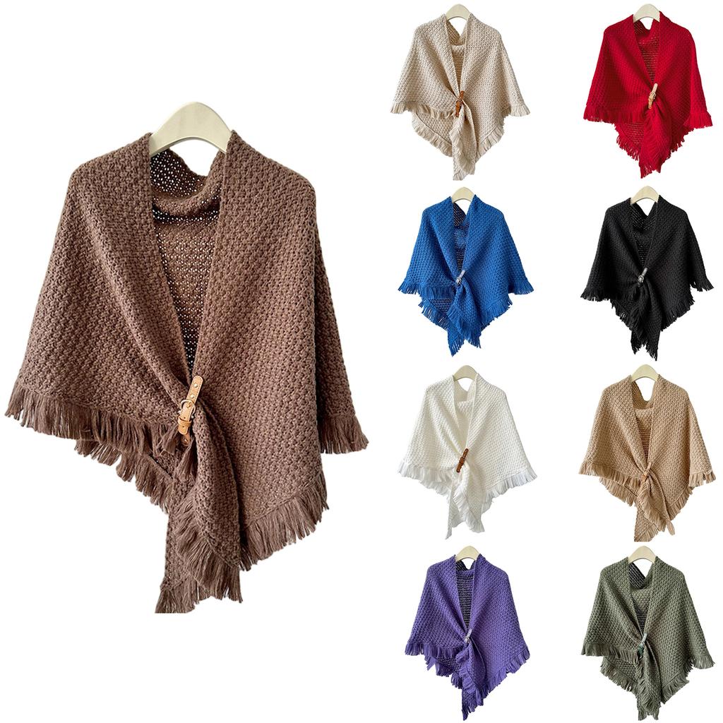Ladies' Fashionable Tassel Cape Shawl Versatile, Thick And Warm, Solid Color Knotted Scarf, Worn With Camisole On The Outside