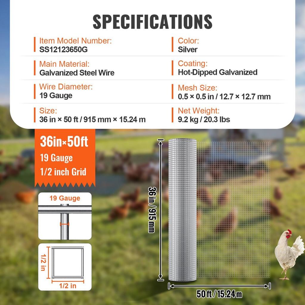 Hardware Cloth 1/2" 36in x 50ft 19 Ga Wire Mesh Roll Chicken Wire Fencing