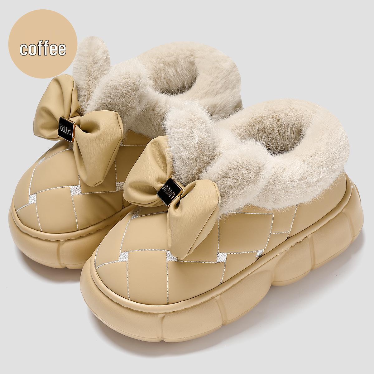 

Women s Korean Style Bowknot Cotton Snow Boots with Heels - Indoor/Outdoor, Non-Slip, Thick Velvet Bottom, Warm Winter Slippers Size 36-37 (23.5cm) кавовий