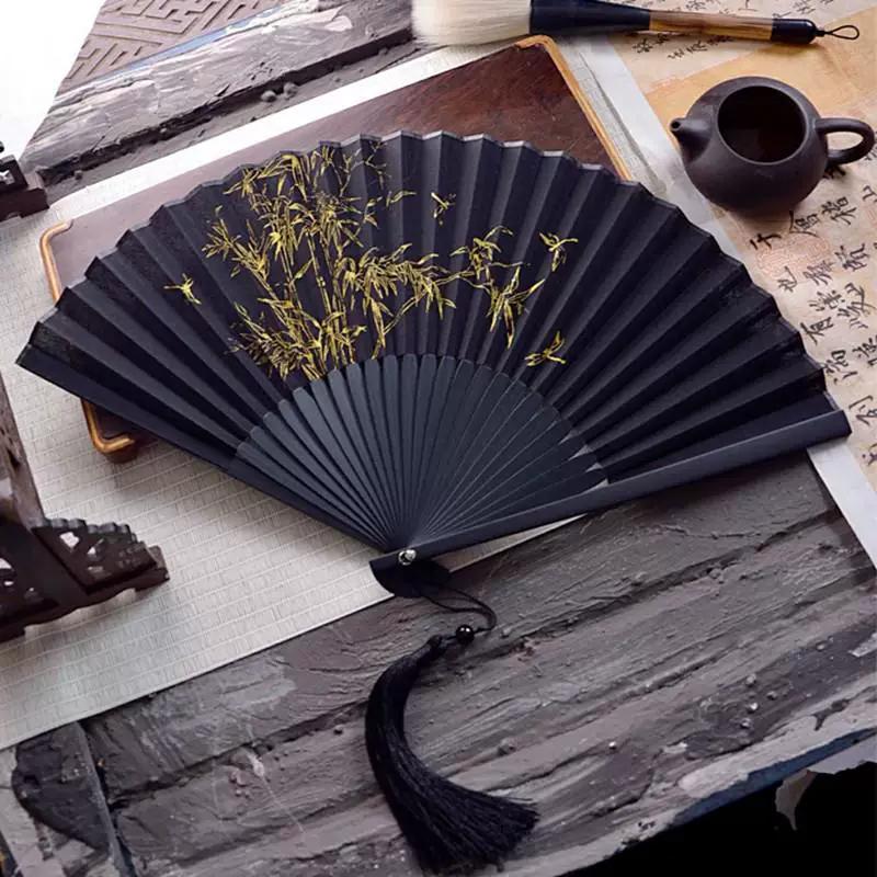 Chinese Style Folding Fan for Men, Portable, Retro Style, Classical, Traditional Hanfu, Black and Green, Bamboo Design