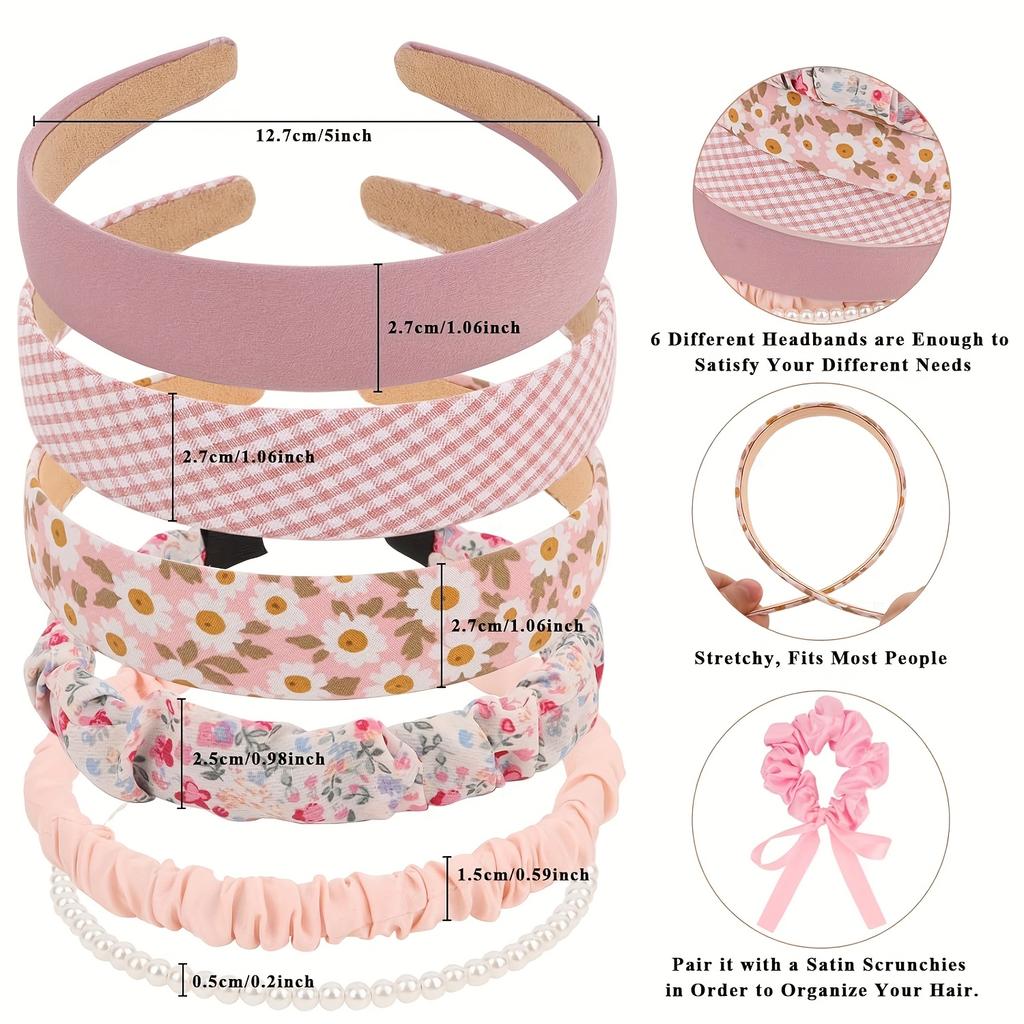 7Pcs Headbands for Women Girls, 7Pcs Non Slip Floral Padded Headbands Cute Pearl Headband for Girls Vintage Wide Headband