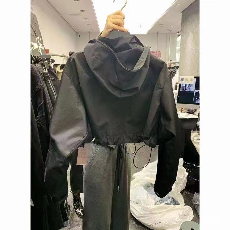Fashion Short Hooded Jacket Spring Black Loose Motorcycle Coats Female Street Windbreak Short Basic Coat