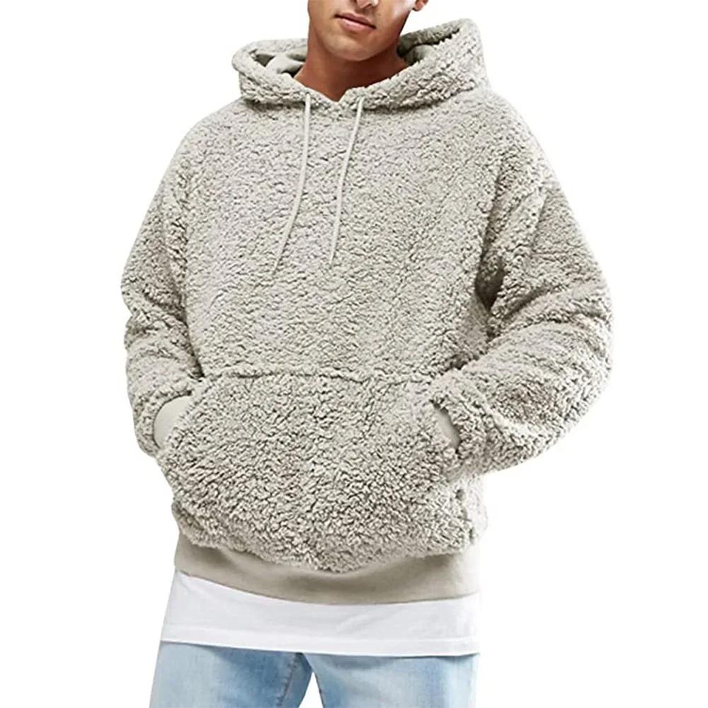 Jesień Zima Męskie Topy Pluszowy Sweter z Kapturem Moda Jednolity Ciepłe Bluzy Y2K Streetwear W Bluzach z Kapturem Odzież Męska