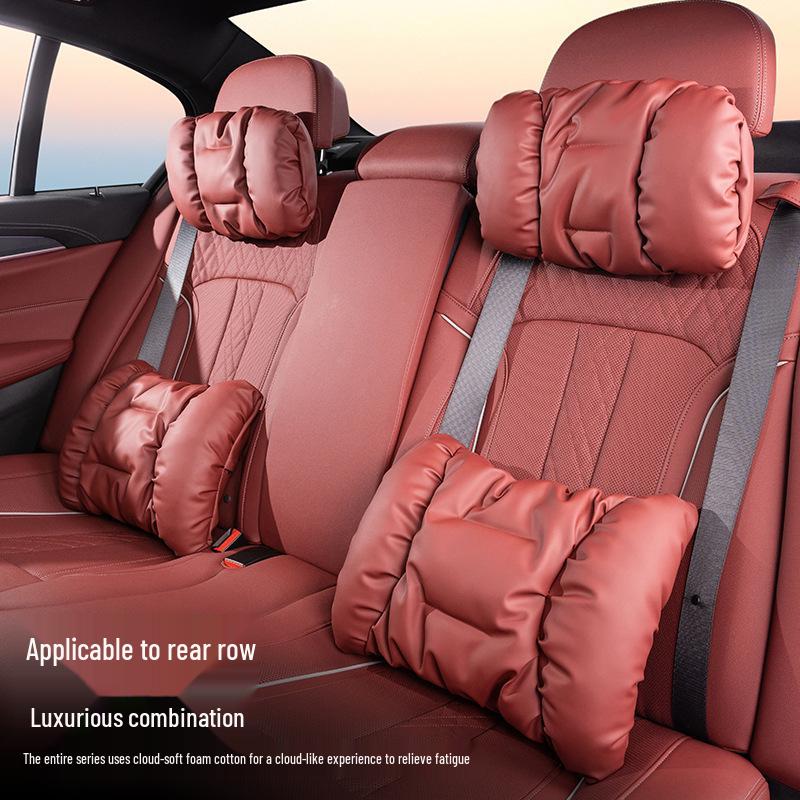 Nappa Leather Car Headrest & Lumbar Support Pillow Set - Universal Comfort Interior Accessory
