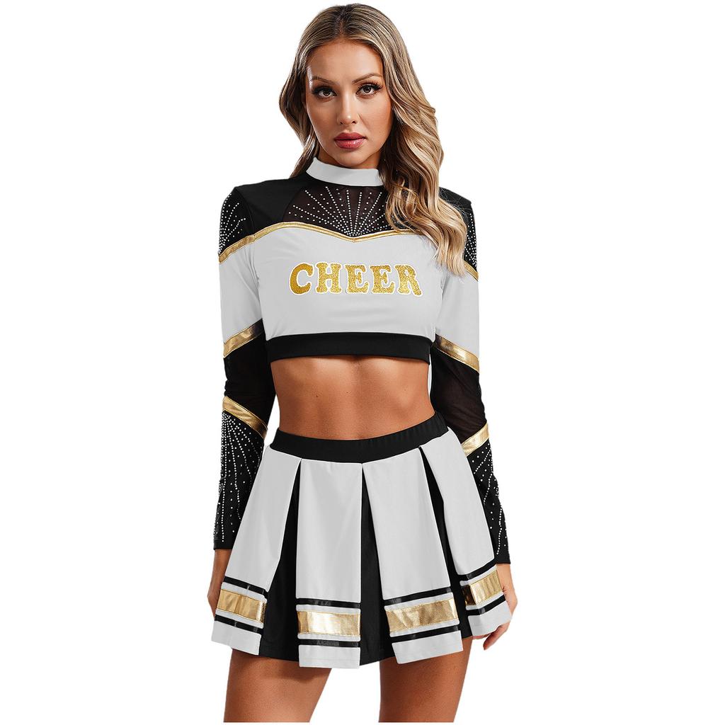Womens Sports Dancewear Cheerleading Outfit Long Sleeve Sequins Crop Top with Pleated Skirt Set Cheer Uniform
