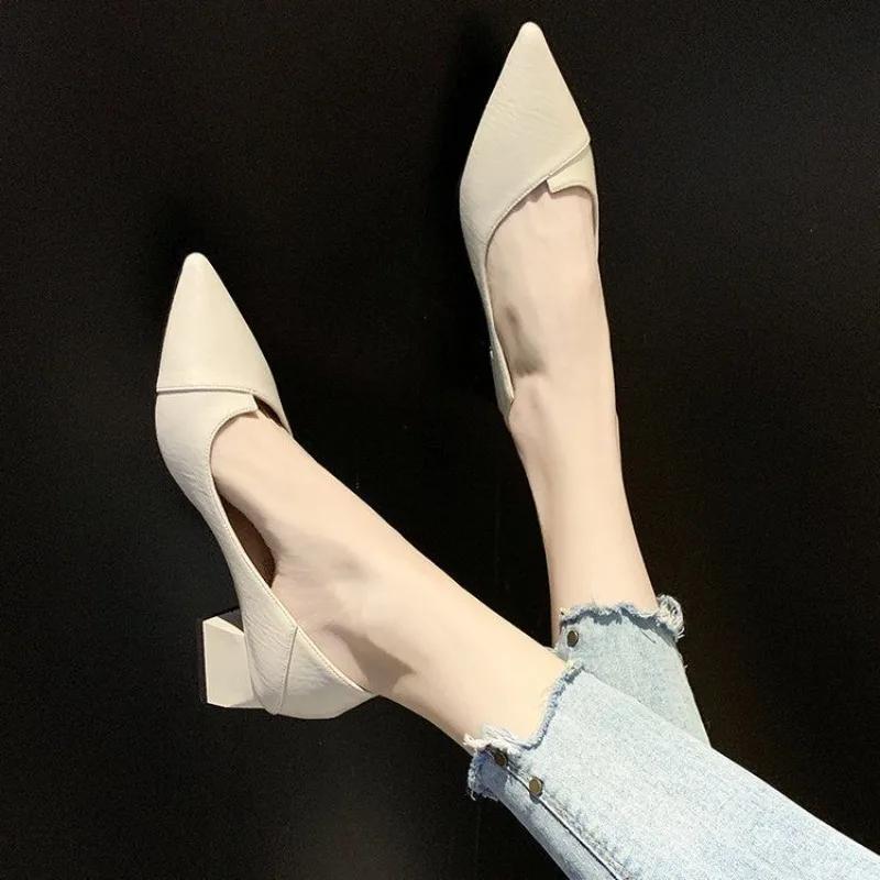 Fashion Pointed Toe Chunky Heels Women's Shoes Leather Casual Block Heel Ladies Pumps with Medium on Promotion Fashion Genuine Mark Y2k