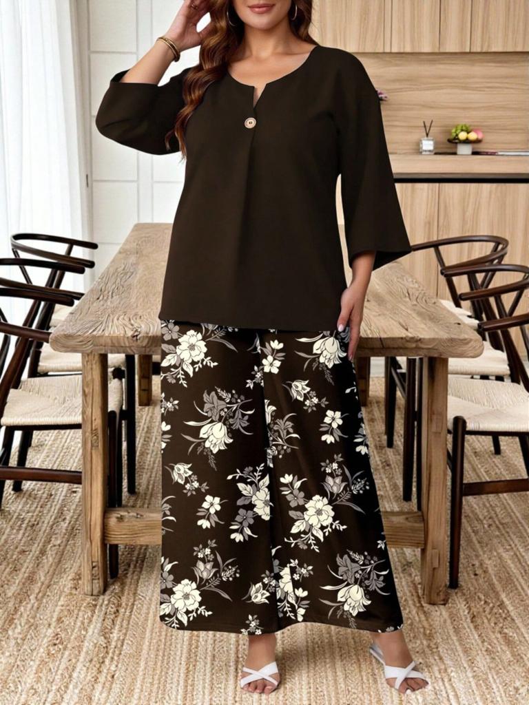 Women's Fashionable Casual Loose-Fit Three-Quarter Sleeve Top And Pants Set