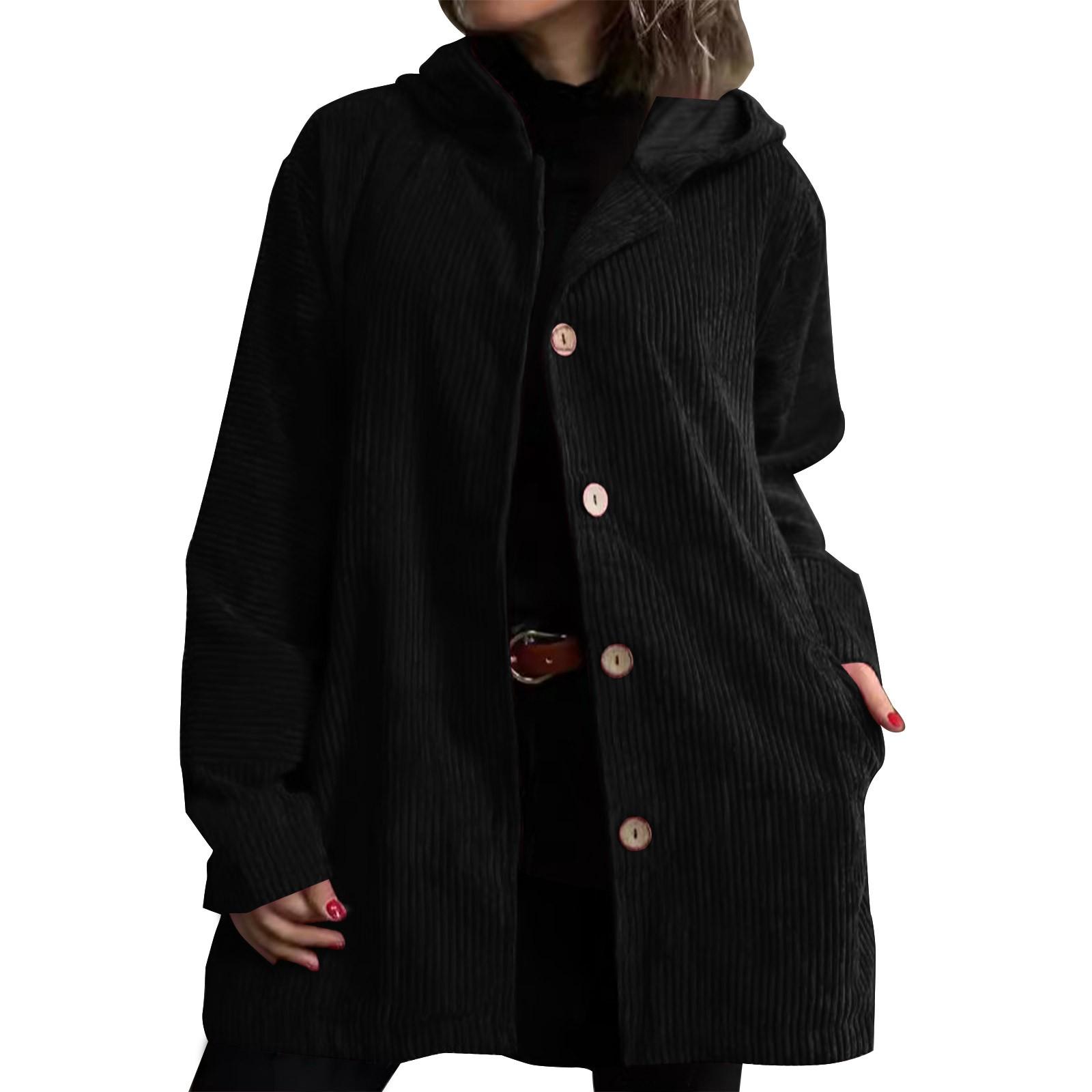 

Женская свободная повседневная однотонная куртка с капюшоном, длинными рукавами, на пуговицах, с карманами S чёрный