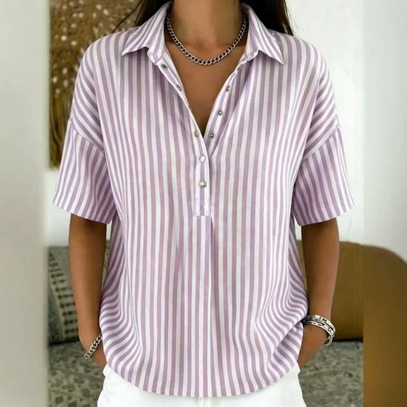 Women Striped Henley Shirt Collared Short Sleeve Casual Loose Fit Blouse