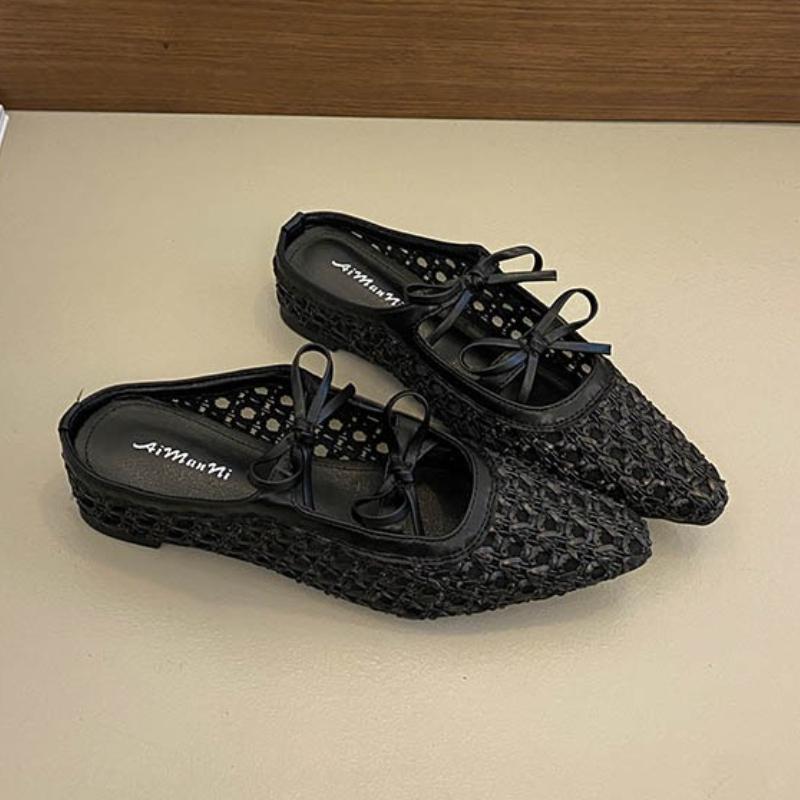 Fashion 2025 Pointed Toe Women Slippers Mid Heels Shoes Fashion Weave Bow Sandals Designer Retro Pumps New Trends Dress Zapatillas Mujer