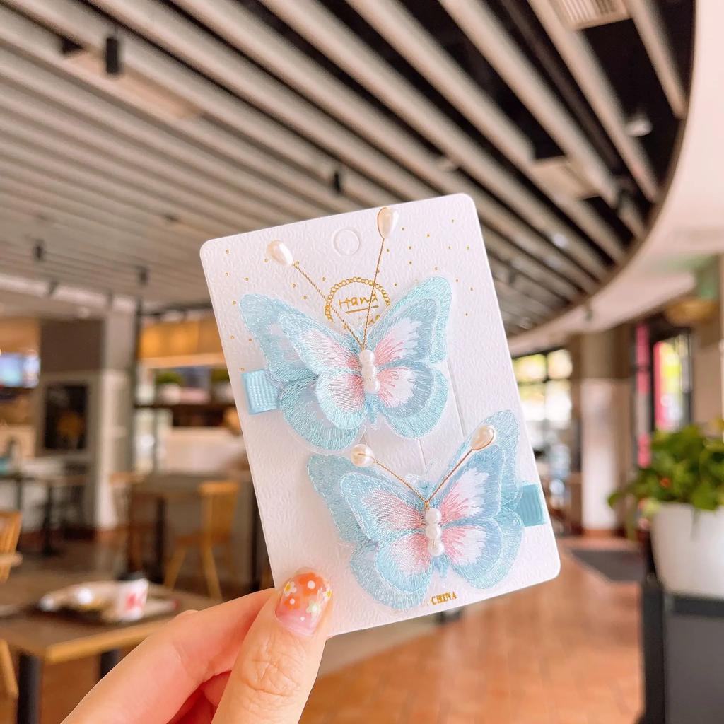 Kid 3D Fairy Embroidered Butterfly Hair Clips Kids Double Layers Tulle Pearl Bangs Hairpin Girl Exquisite Princess Headwear HP01