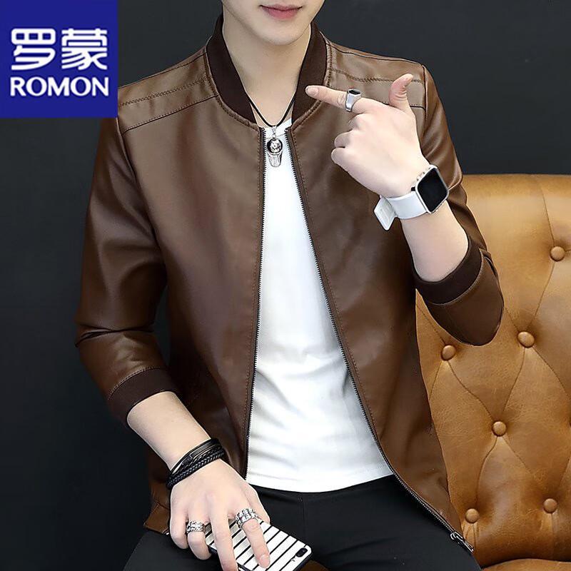 Romon Men's Slim Fit Stand Collar Leather Jacket