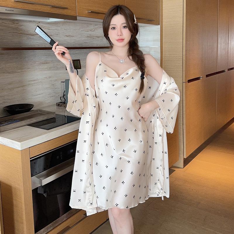 Spring and Summer Ice Silk Nightgown Sexy Suspender Women's Pajamas Thin Nightgown Printed Homewear Bathrobe Two-piece Set