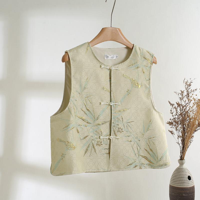 

Жилет из жаккарда с бабочками и бамбуковыми листьями, ретро жилет, темпераментный весенний топ XXXL [recommended 138-75kg]