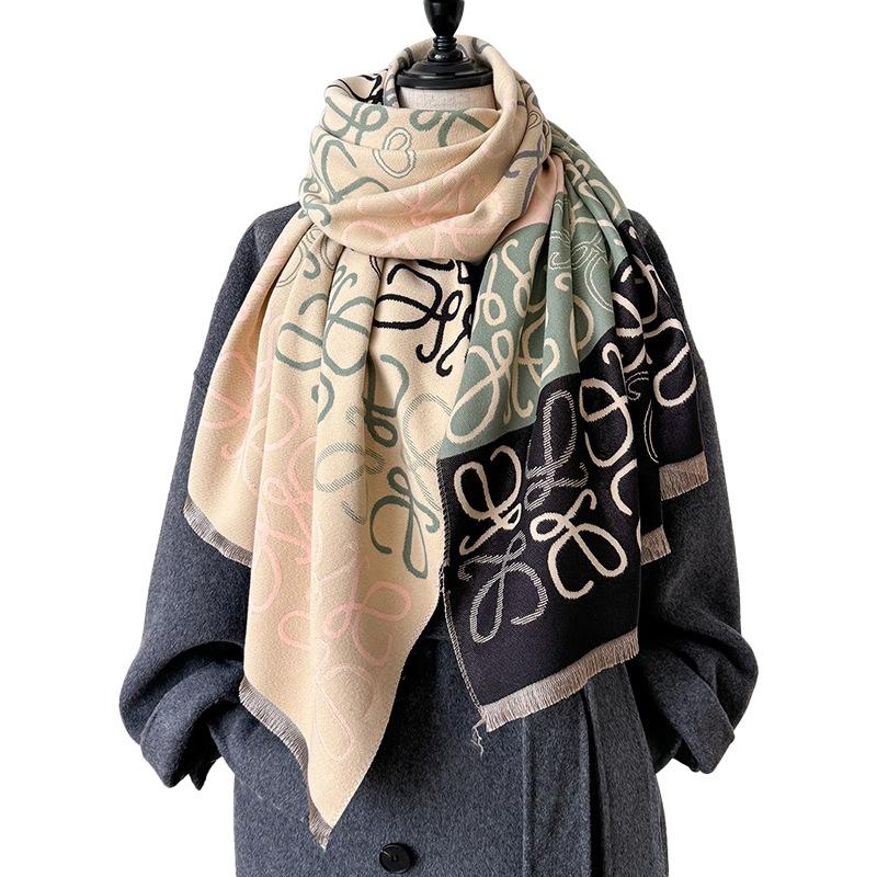 Autumn And Winter Line Pattern Scarf Women'S Warm Square Color Matching Imitation Cashmere Scarf Double-Sided Jacquard Air Conditioner Shawl