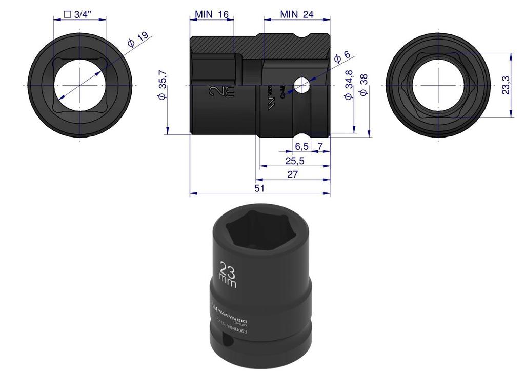 Nasadka Udarowa Sześciokątna 3/4". 23 Mm. Crmo. Din 3129. Waryński
