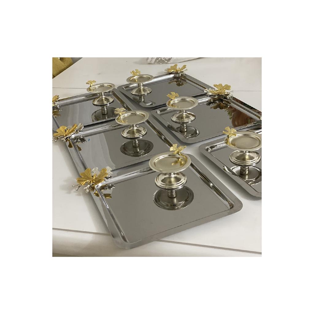 2 verschiedene Modelle von 6 quadratischen Präsentationstabletts aus Stahl und silbernem Schmetterlings-Malronhol