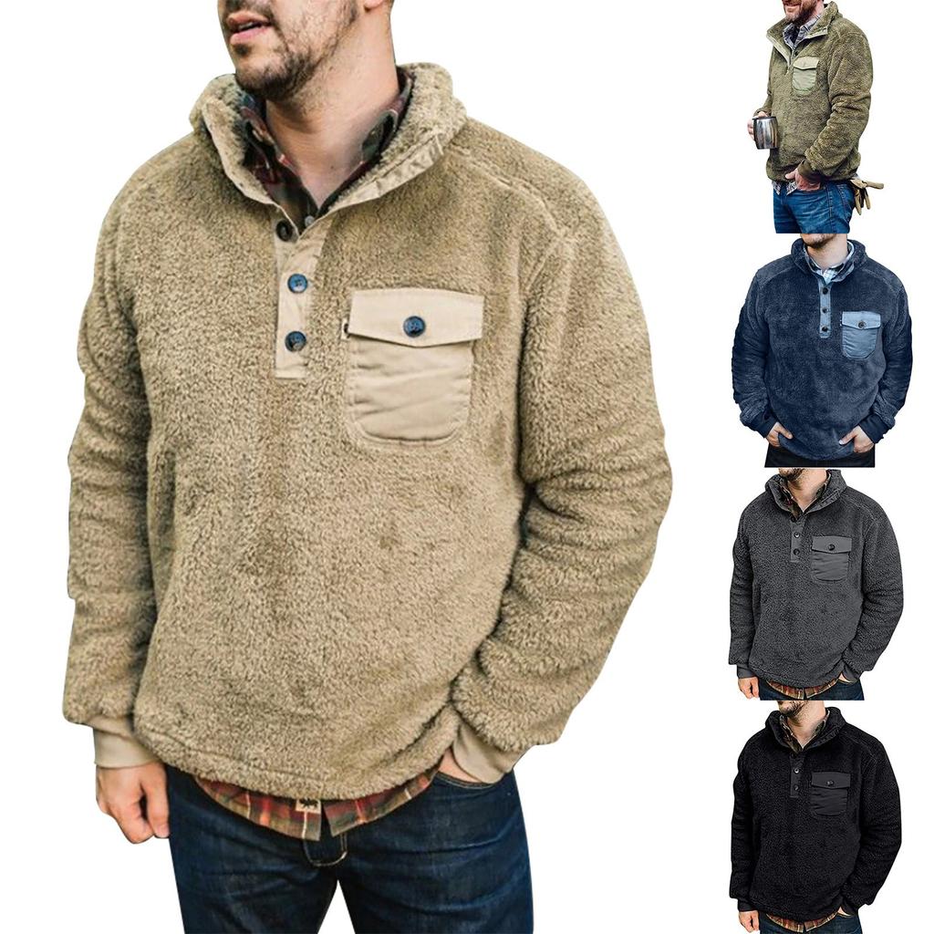 Herren Herbst und Winter Pullover Warmes Hemd Brusttasche Locker Lässiges V-Ausschnitt Pullover Hemd Retro Lässig Warm Langarm