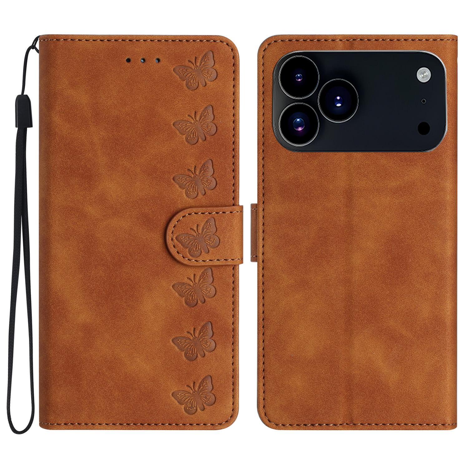 

For iPhone 17 Pro Case Imprinted Butterfly Leather Wallet Phone Cover with Hand Strap Brown