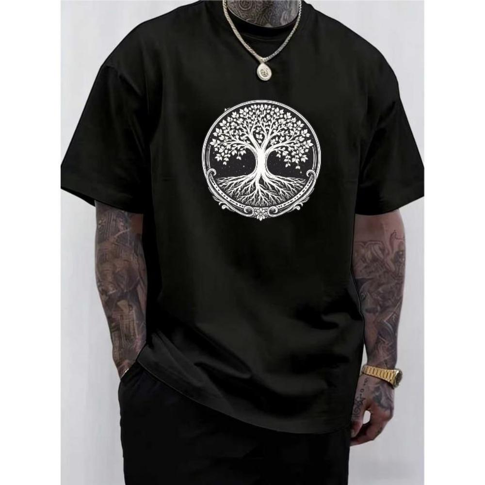 

European Sizes Men S Trendy Tree Graphic Print Crew Neck T-Shirt _ Soft, Medium-Stretch Blend Fabric, Regular Fit, Comfortable and Versatile S чёрный