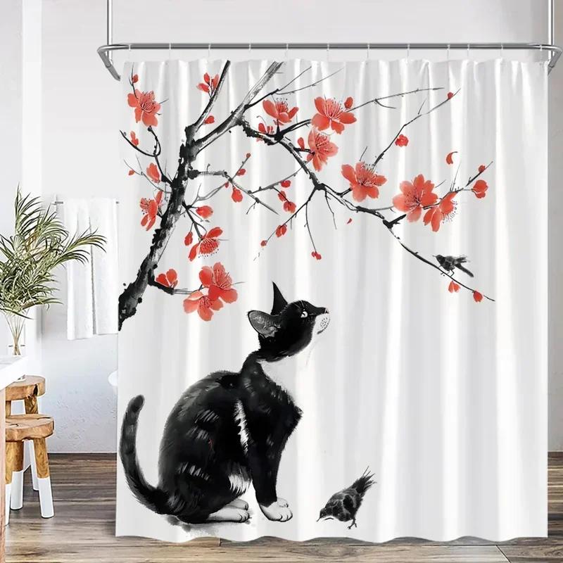 Ink Painting Shower Curtain Chinese Asian Style Cherry Blossom Japanese Woman Classical Bathroom Decor Polyester Bath Curtain