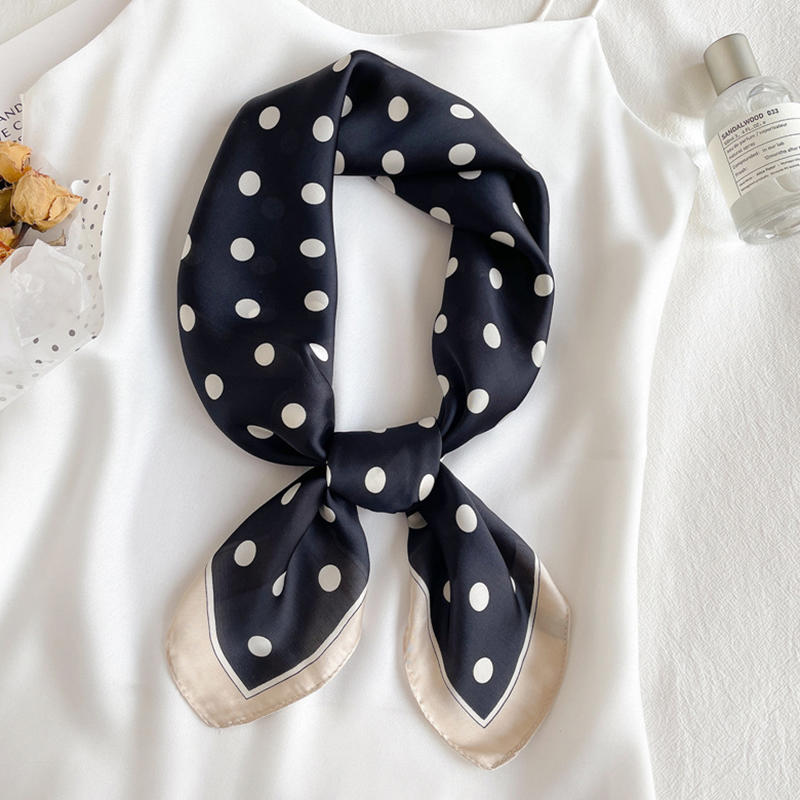 Women Lightweight Elegant Polka Dot Knotted Silk Small Square Scarf Summer Spring Elegant Neckerchief Satin Head Scarf