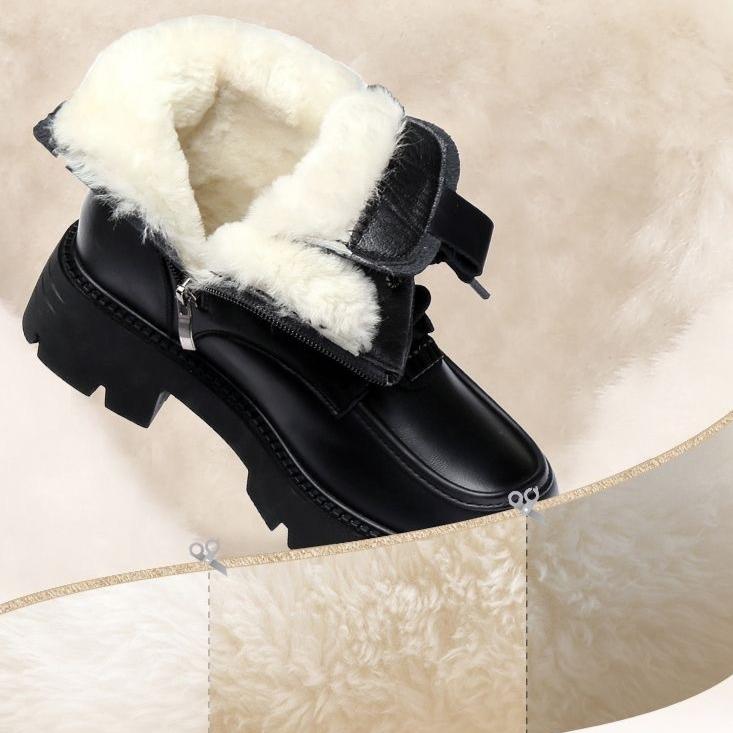 Kožené a kožešinové integrované sněhule pro ženy Zimní vlněné boty pro ženy Retro teplé bavlněné boty se silnou podrážkou s plyšovými a silnými bavlněnými botami