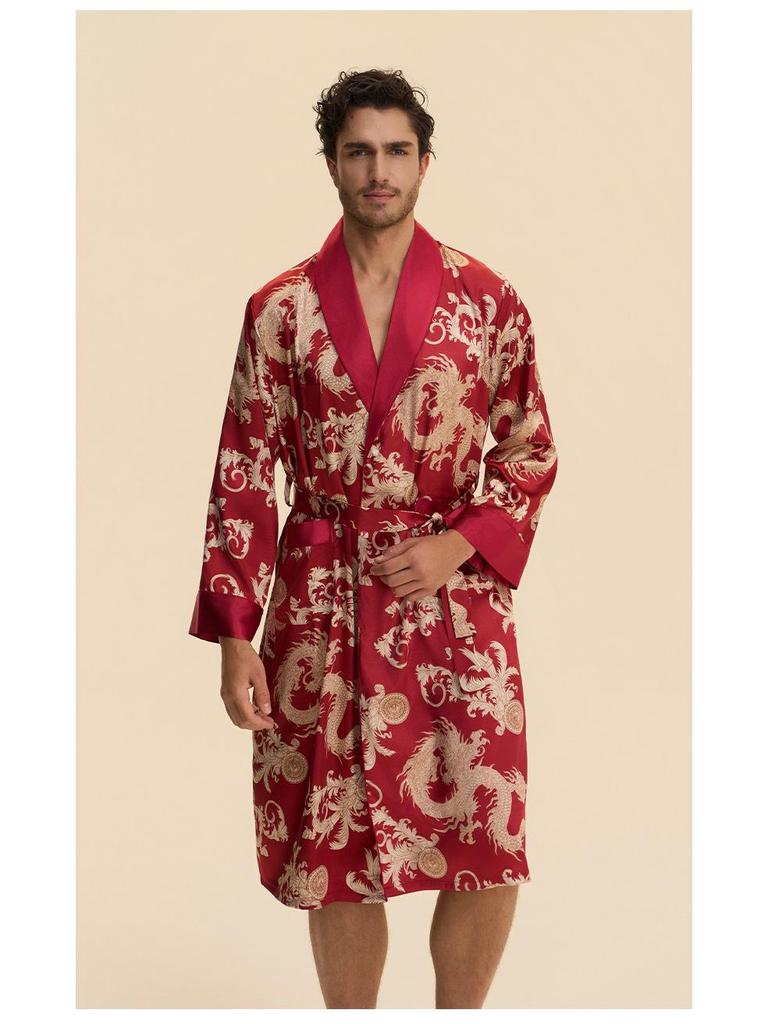 Yaoting Men's Long Sleeve Silk Pajamas and Bathrobe Set, Ice Silk Loungewear