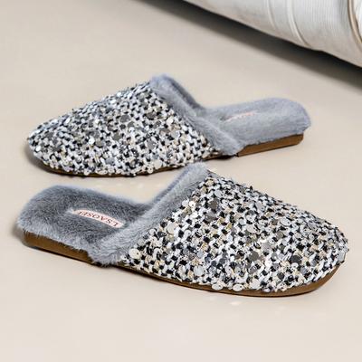 Mode Luxus Pailletten Tweed Design Hausschuhe Damen Mode Runde Zehen Flache Hausschuhe Gemütliche Flauschige Winter Baumwollhausschuhe Zapatos De Mujer