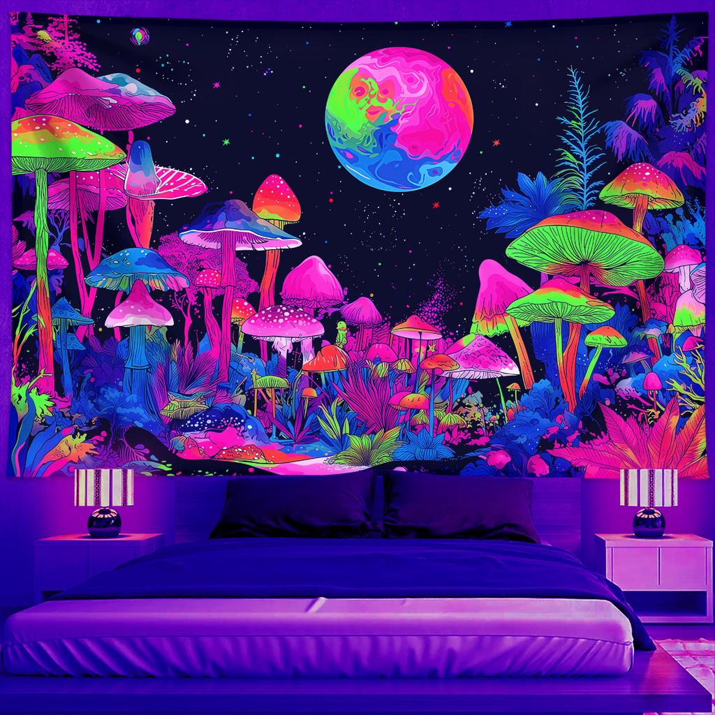 1pc Fluorescent Mushroom Moon Tapestry, UV Black Light Forest Fantasy Plant Space Tapestry, Home Decoration Wall Hanging