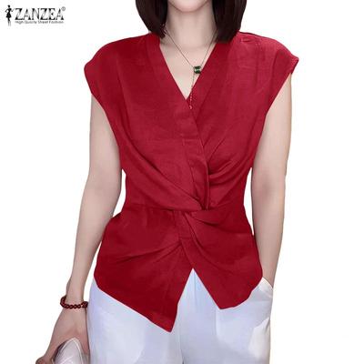 Women V-Neck Solid Color Casual Sleeveless Blouse