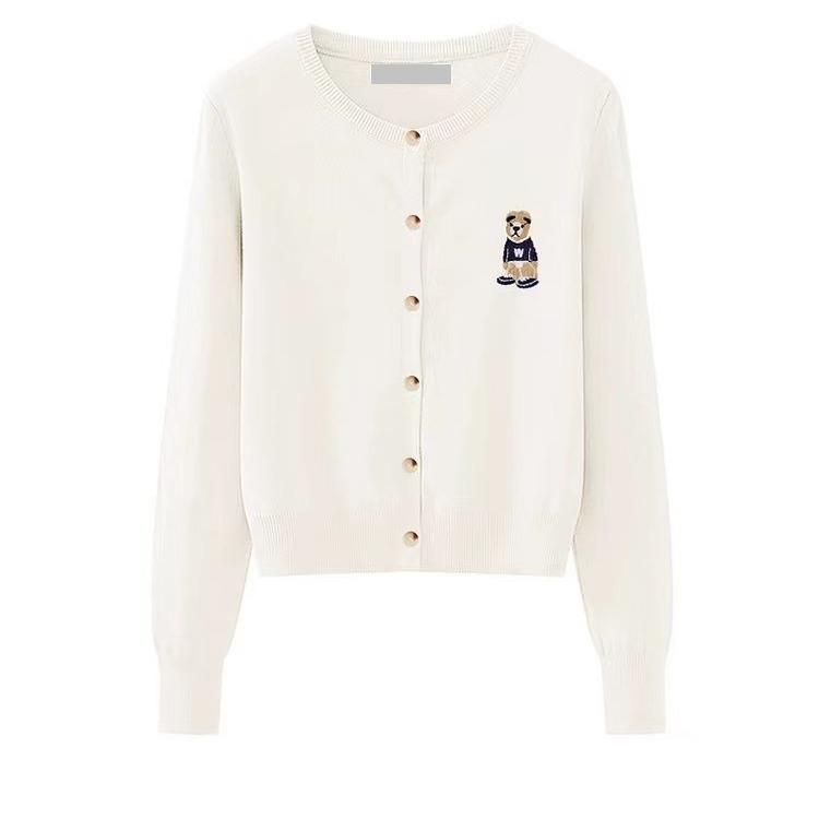 Podzimní preppy styl pletený kardigan s medvídkovou výšivkou, slim fit, všestranný top s dlouhým rukávem a kulatým výstřihem pro ženy