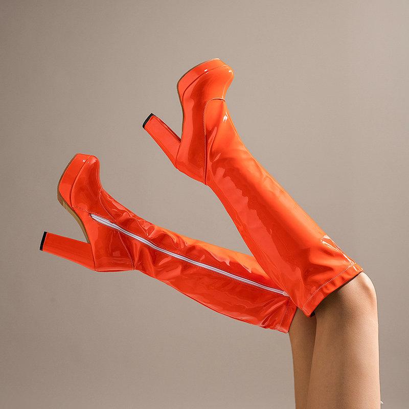 Piele PU Lac Portocaliu Galben Verde Pantofi Sexy Marimea Plus 47 48 Platformă Vestică Tocuri înalte cu tocuri înalte Cizme elastice până la genunchi.