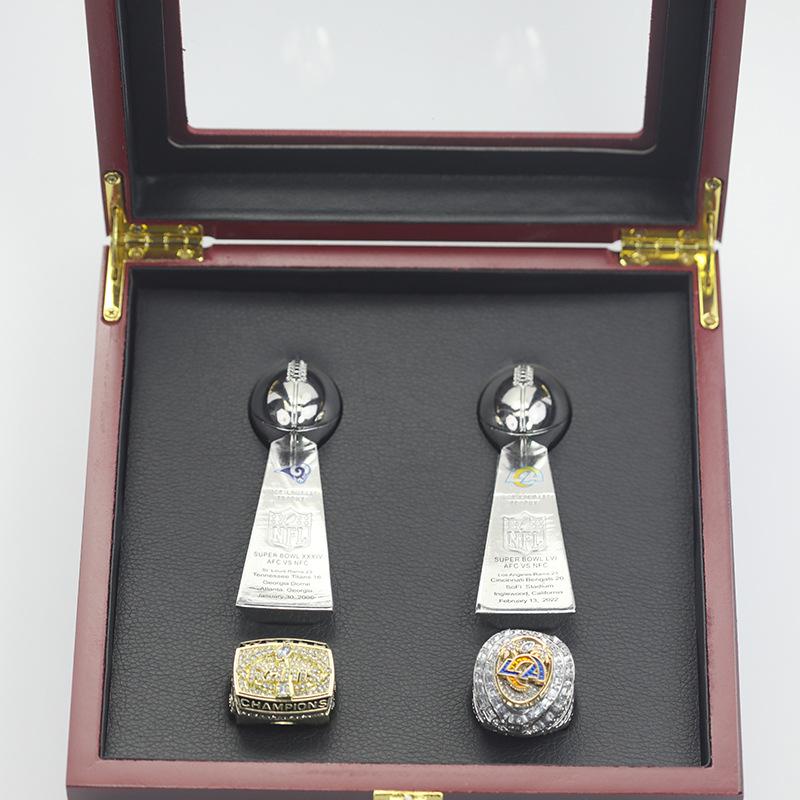 Los Angeles Rams Championship Ring Set (1999 & 2021) with Two 10cm Trophies