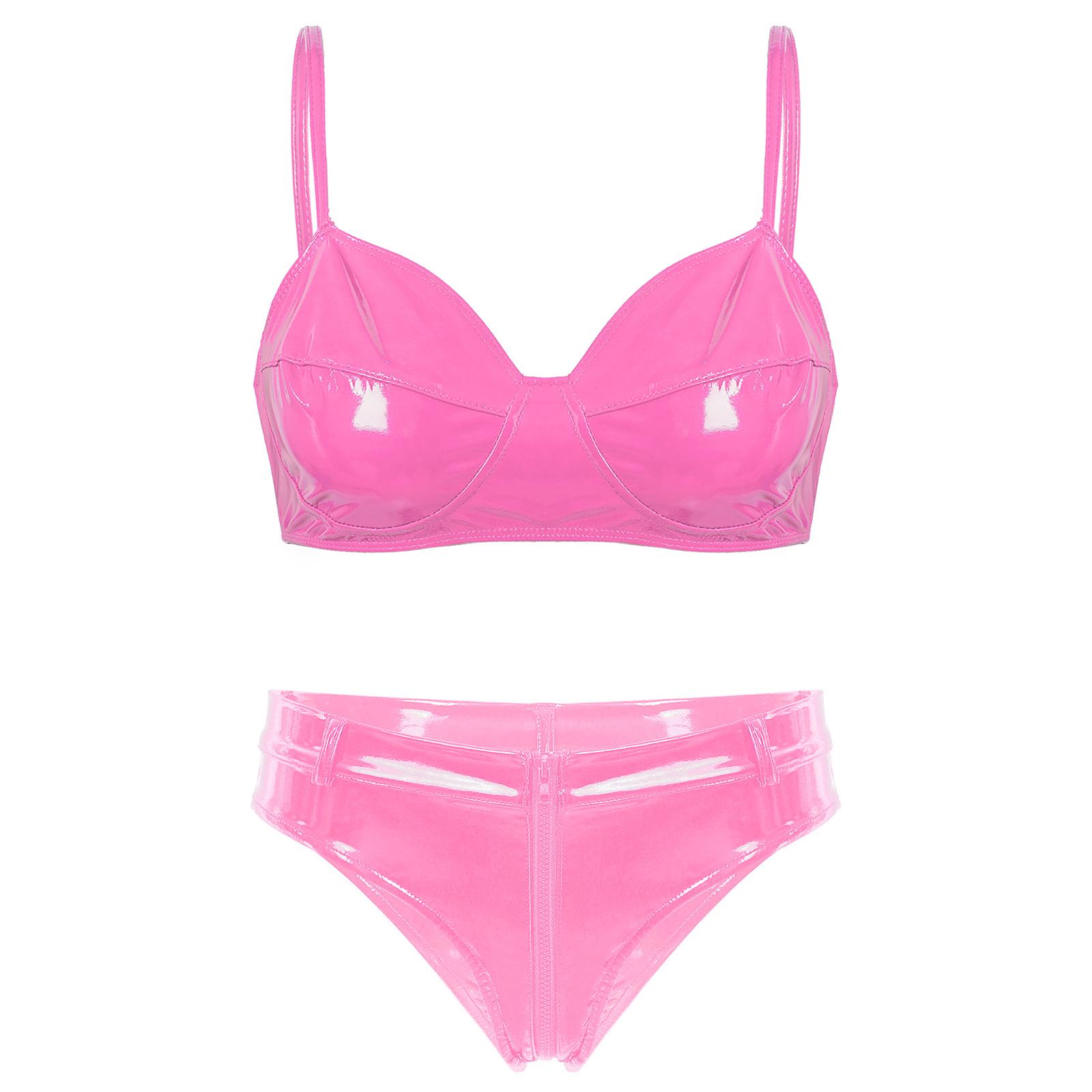 

Жіночий комплект лакової білизни Мокрий вигляд Топ-бра без кісточок та без підкладки Блискавка в зоні ластовиці Трусики з низькою посадкою L рожевий