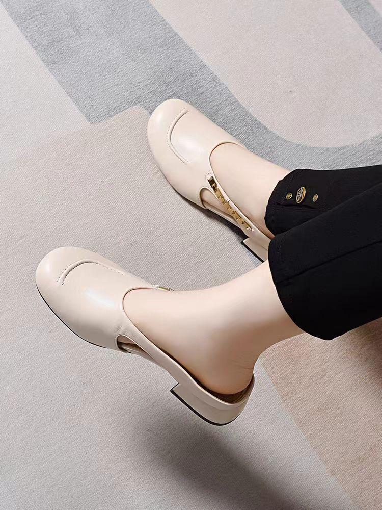 Soft Leather Bag Head Half Slippers Women's 2025 Summer New 3cm Thick Heel Non-slip Versatile Fashion Round Head Middle Heel Slippers