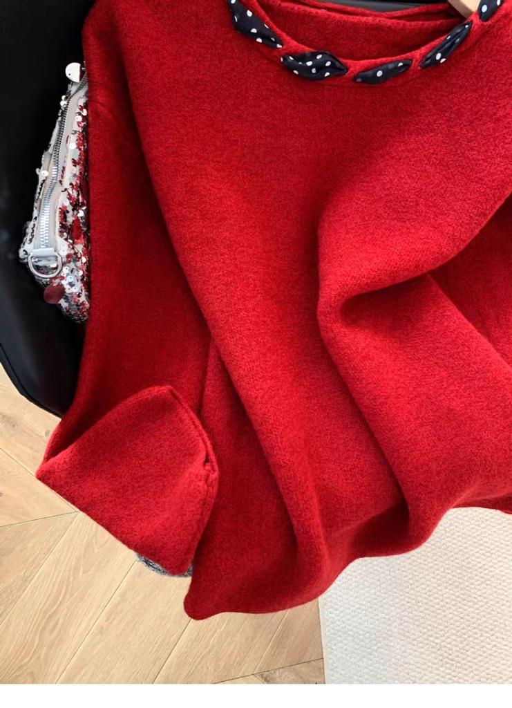 Elegant Red Lace-Up Bow Sweater for Women – Soft Knit Top for Autumn & Winter
