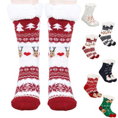 1 Pair Winter Socks Cartoon Santa And Elk Print Plush-lined Warmth Retention Christmas High-tube Socks Leg Warmer Fall Winter Floor Socks Holiday Gift