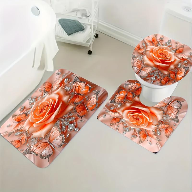 4pcs, Orange rose exquisite butterfly pattern, Apartment bathroom Shower Room shower curtain, hotel shower curtain set with