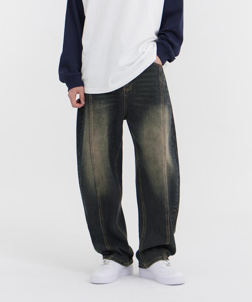 Akeusi Craft Centerline Over Balloon Fit Wide Denim Pants (Dark Blue)