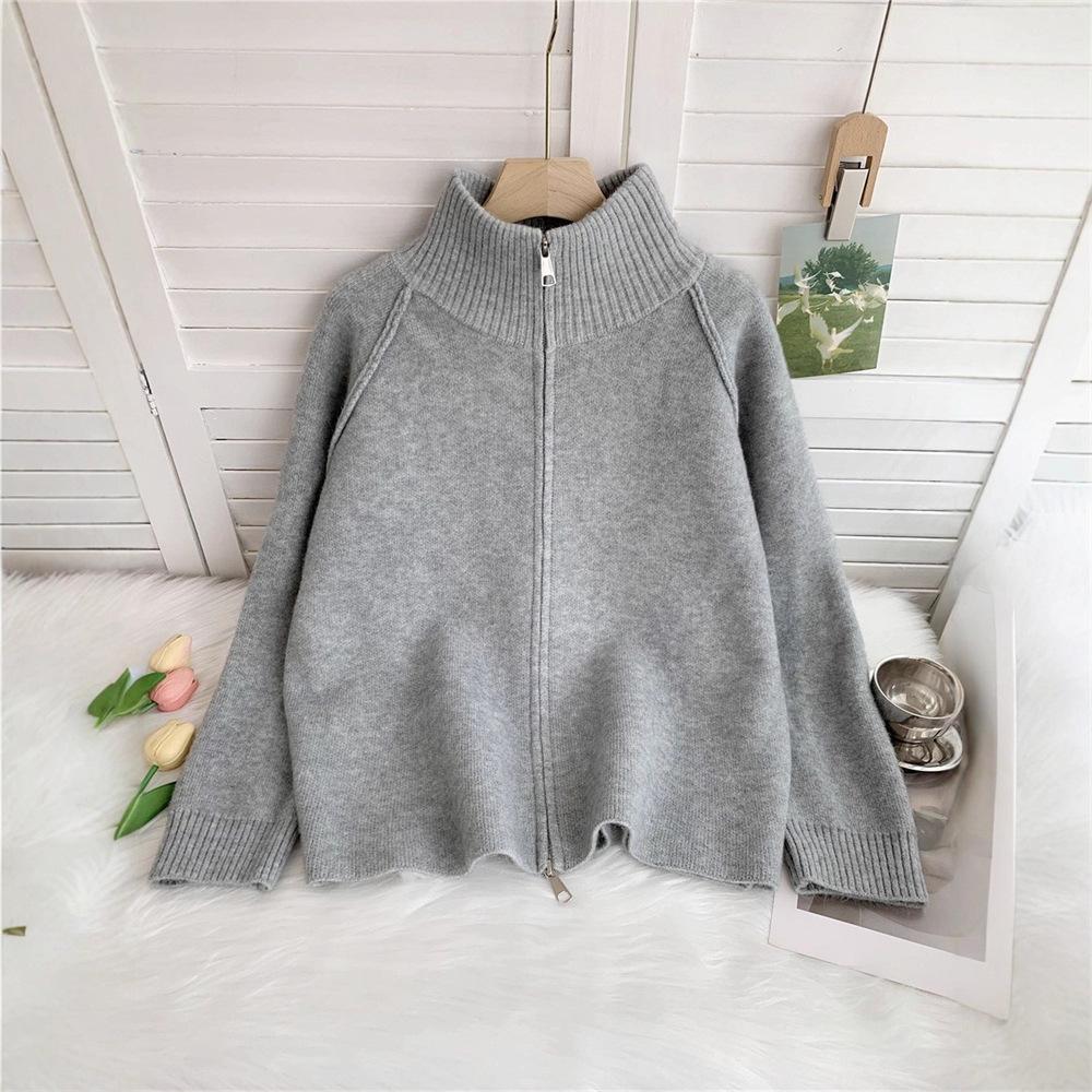 Cross-border Foreign Trade Solid Color Stand-up Neck Zipper Sweater Jacket Autumn and Winter New Loose Thickened Soft Waxy Knitted Cardigan Top