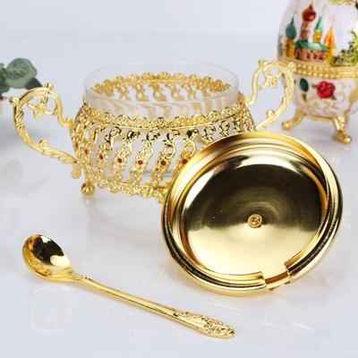 European Glass Alloy Sugar Bowl with Lid and Spoon Luxury Salt Pot Pepper Storage Seasoning Jar Coffee Top sale,New Year Gift