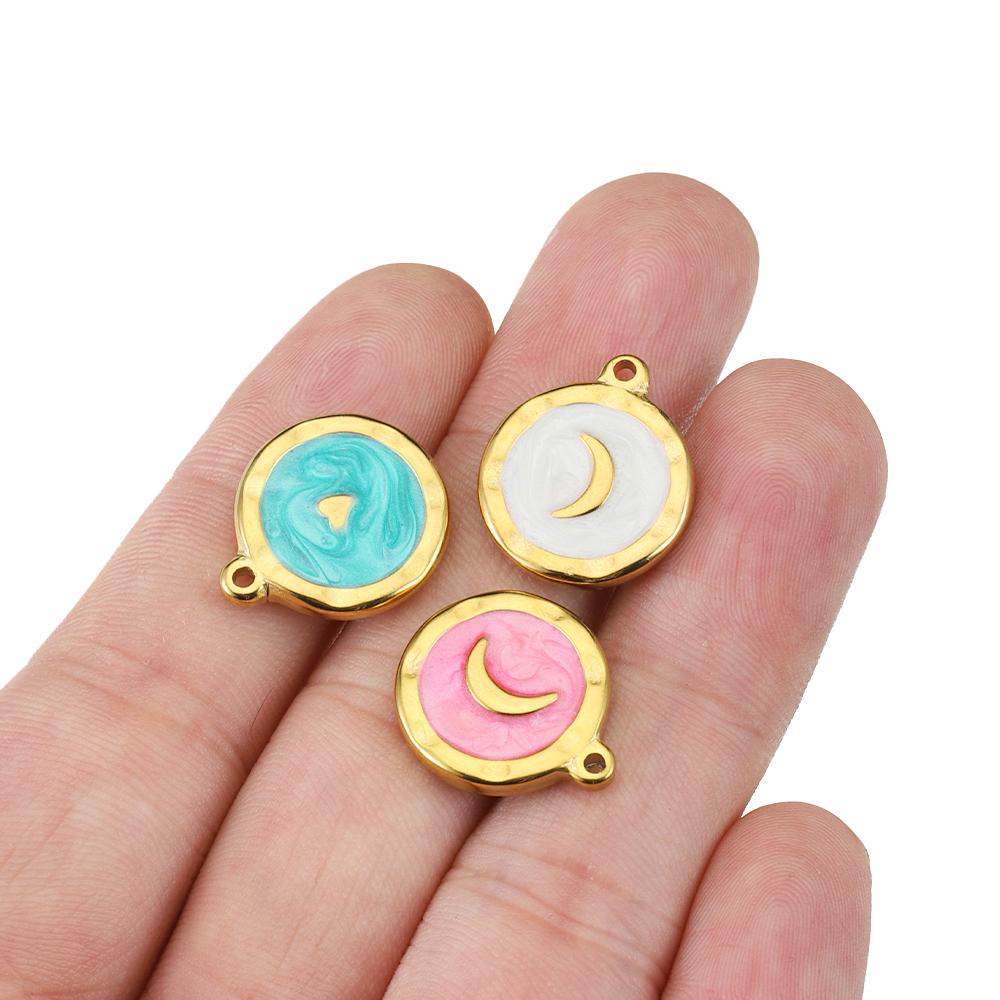 5pcs Gold Color Stainless Steel Enamel Moon Love Medal Heart Charms Pendants for DIY Earrings Necklace Jewelry Making Supplies