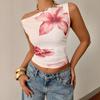 Women Floral Print Asymmetrical Neck Crop Top Sleeveless Slim Fit Going Out Blouse