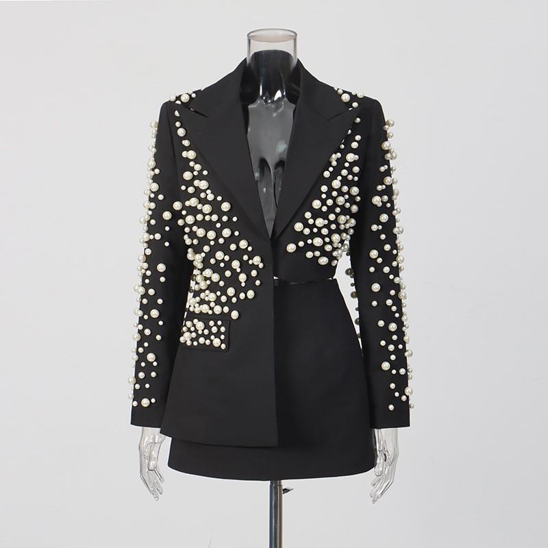 Fashion Sexy Wind Skirt Suit Women Lapel Pearl Decoration Short Top + Low Waist Slimming A-line